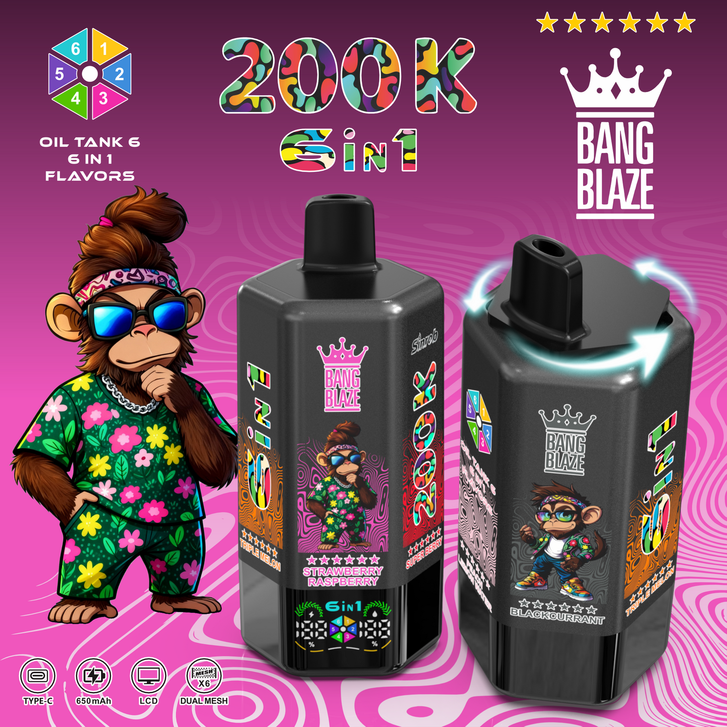 Bang Blaze 200K 6 az 1-ben eldobható vape | 200 000 slukkot | Több ízű váltó eszköz
