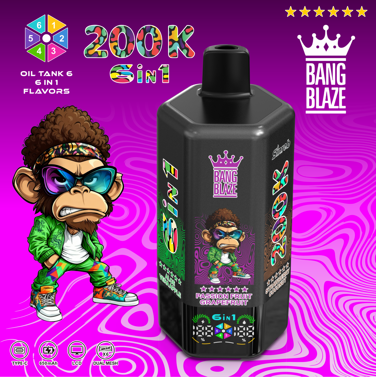 Bang Blaze 200K 6 az 1-ben eldobható vape | 200 000 slukkot | Több ízű váltó eszköz