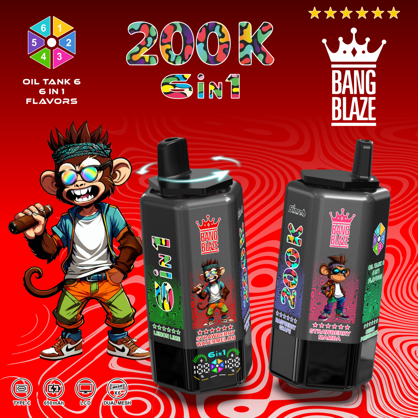 Bang Blaze 200K 6 az 1-ben eldobható vape | 200 000 slukkot | Több ízű váltó eszköz