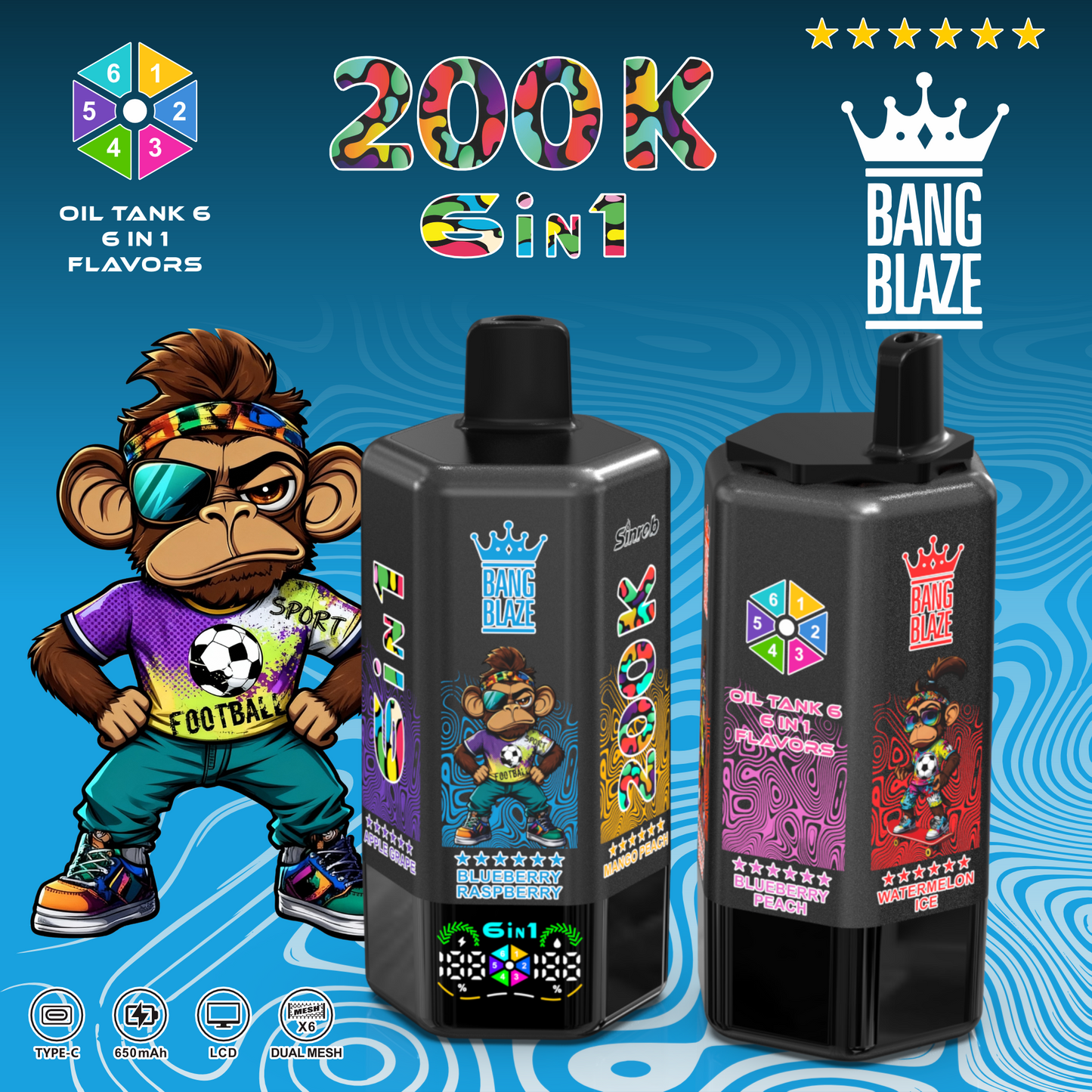 Bang Blaze 200K 6 az 1-ben eldobható vape | 200 000 slukkot | Több ízű váltó eszköz