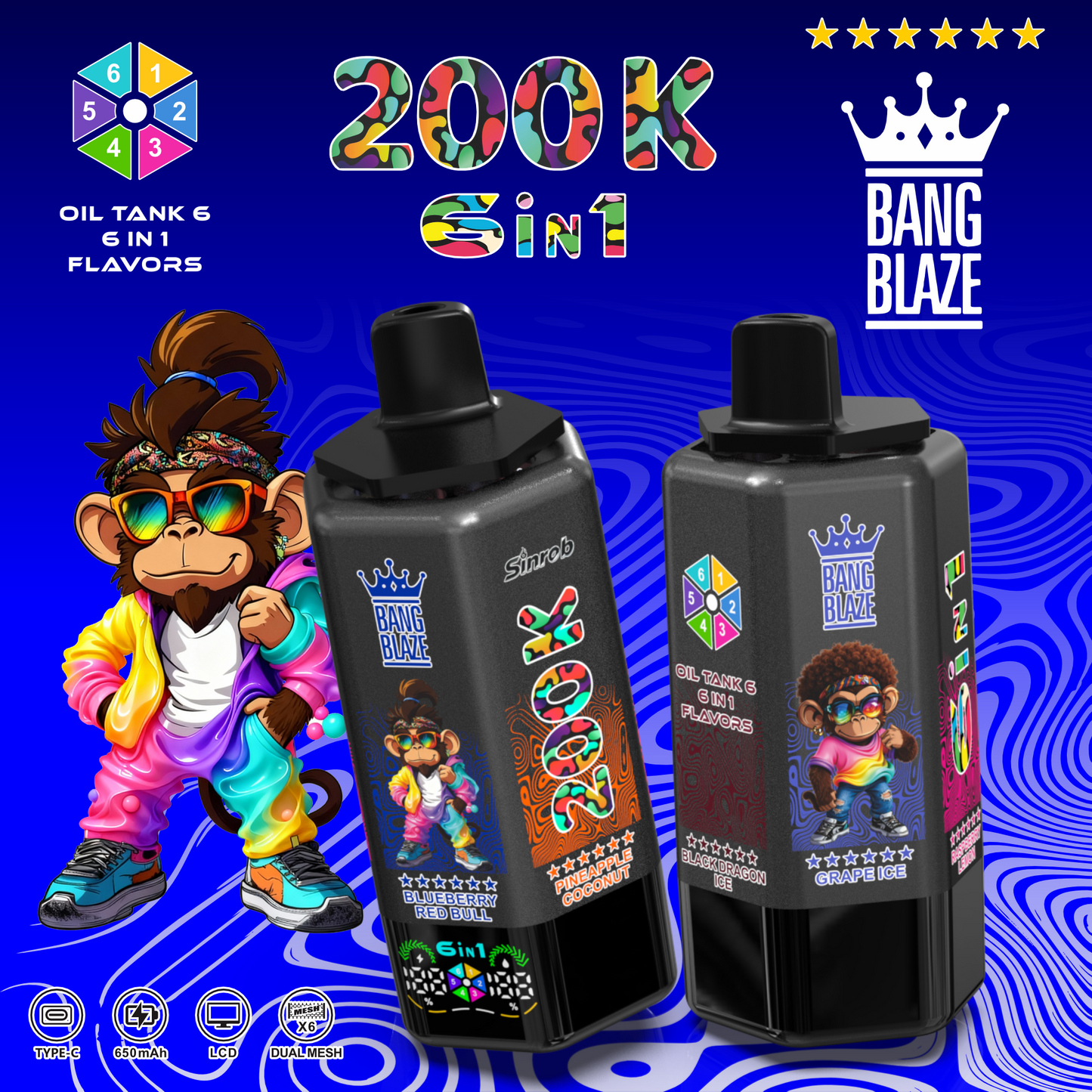 Bang Blaze 200K 6 az 1-ben eldobható vape | 200 000 slukkot | Több ízű váltó eszköz