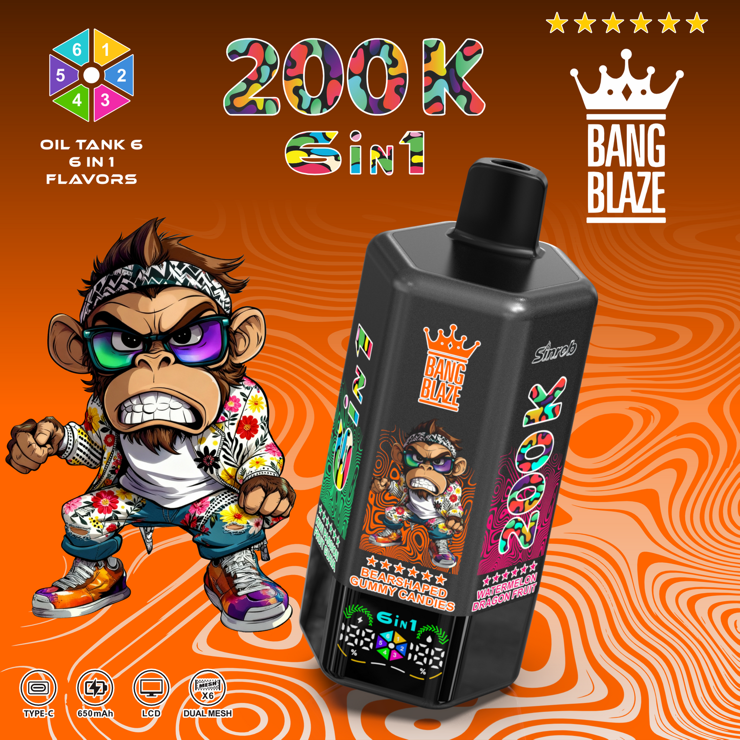 Bang Blaze 200K 6 az 1-ben eldobható vape | 200 000 slukkot | Több ízű váltó eszköz