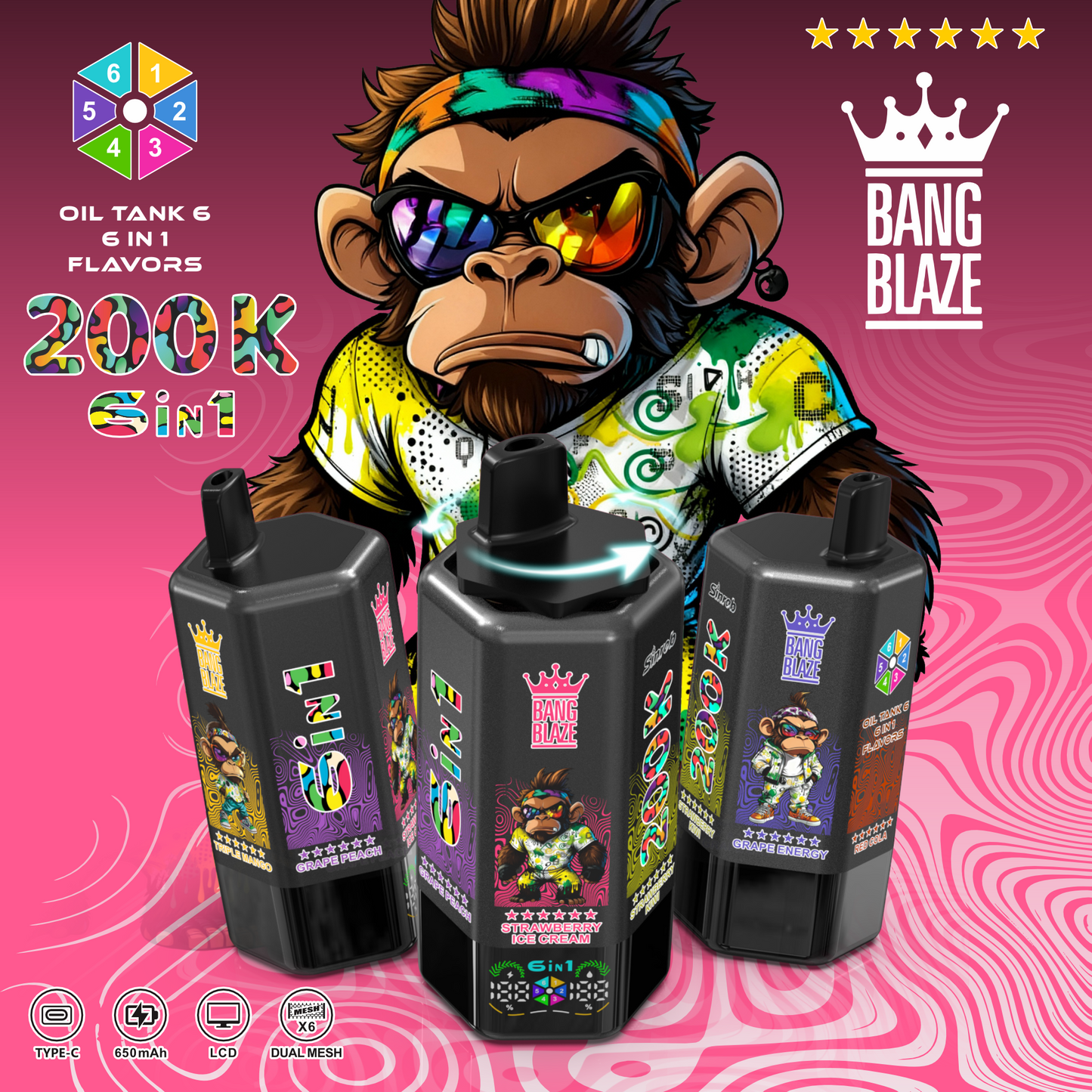 Bang Blaze 200K 6 az 1-ben eldobható vape | 200 000 slukkot | Több ízű váltó eszköz