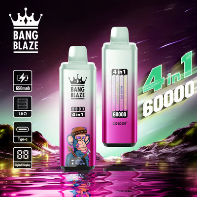 Bang Blaze 60K 4 az 1-ben eldobható vape | 4 íz 1-ben | 60 000 slukk | 60 ml-es e-folyadék | Okoskijelző | C típusú töltés